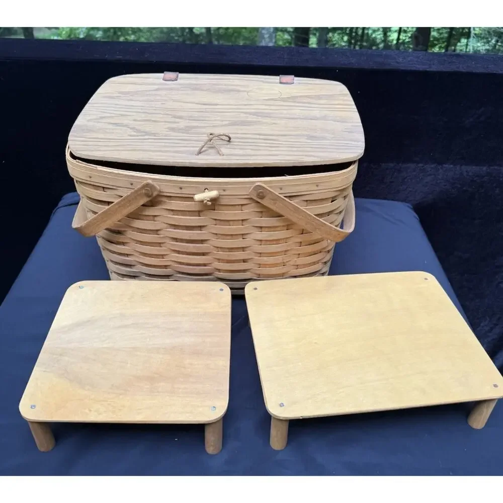 Longaberger 1997 Large Picnic Basket 10324 W/ 2 Risers Swing Handles